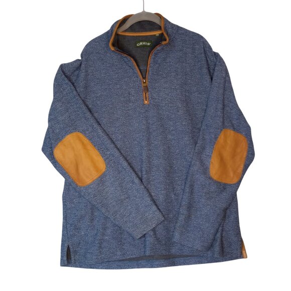 Orvis Mens Blue Quarter-Zip Pullover Sweater With Leather Elbow Patches L - Picture 3 of 5